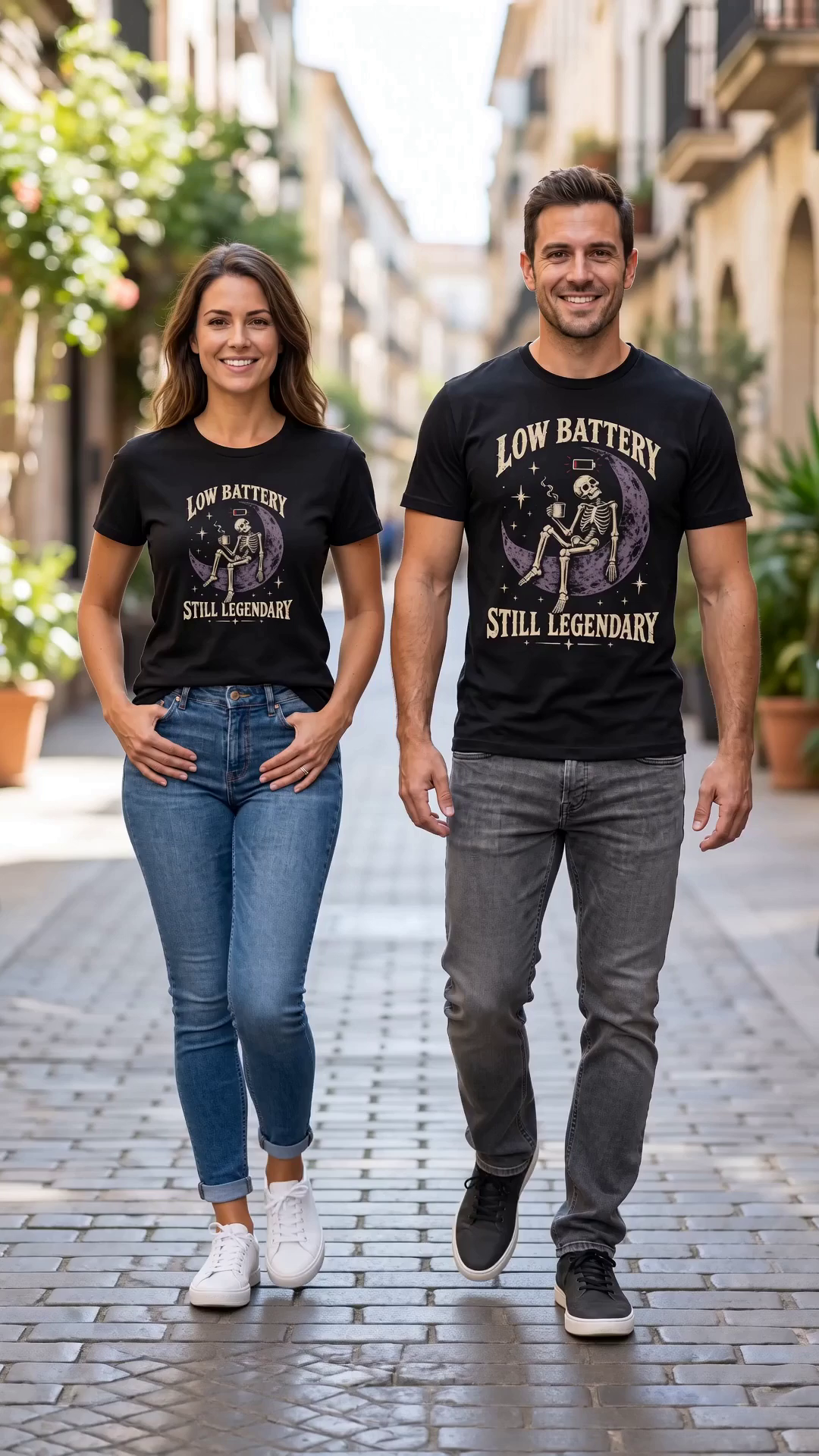 Couple wearing matching black skeleton coffee tees